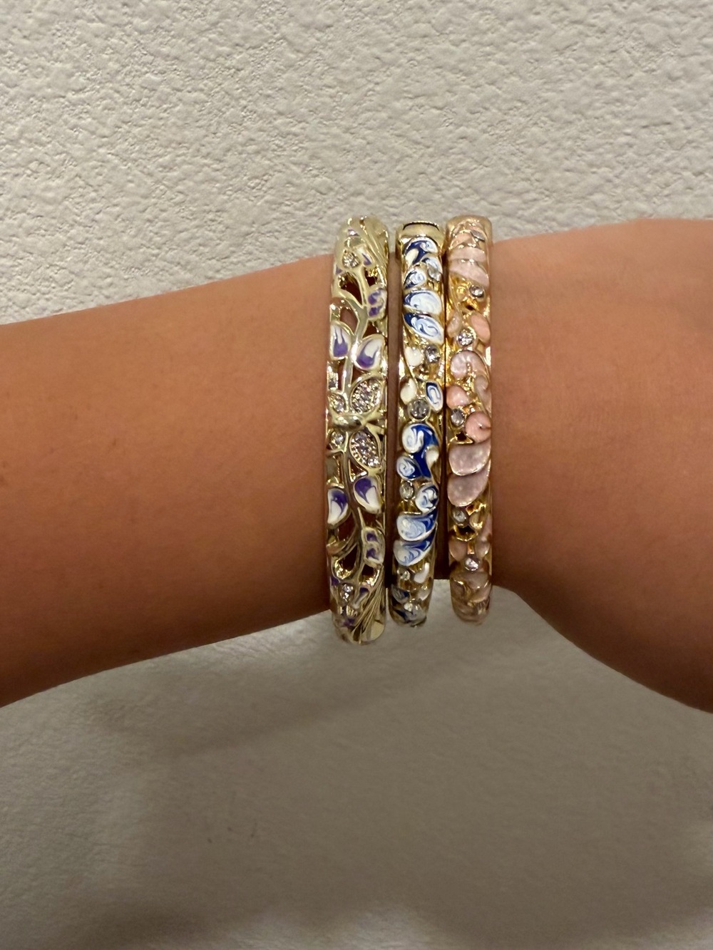 Gold Tone Floral Enamel Bangle Bracelet Set - Purple, Blue, Pink